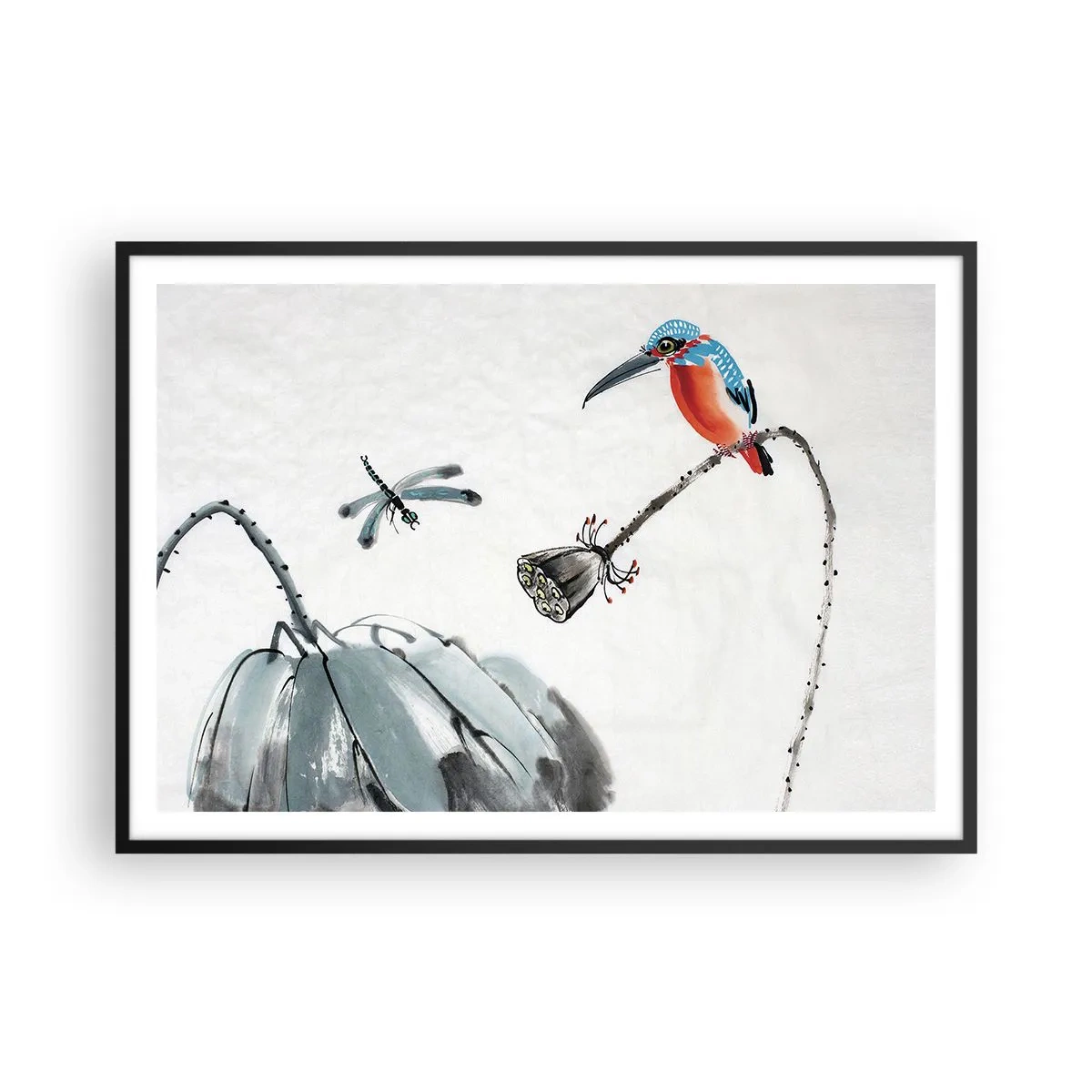 Plakat w czarnej ramie - Kolorowy ptak na tle roślinności i ważki - 100x70cm - Życie łąki - Nowoczesna dekoracja ścienna do salonu i sypialni ARTTOR
