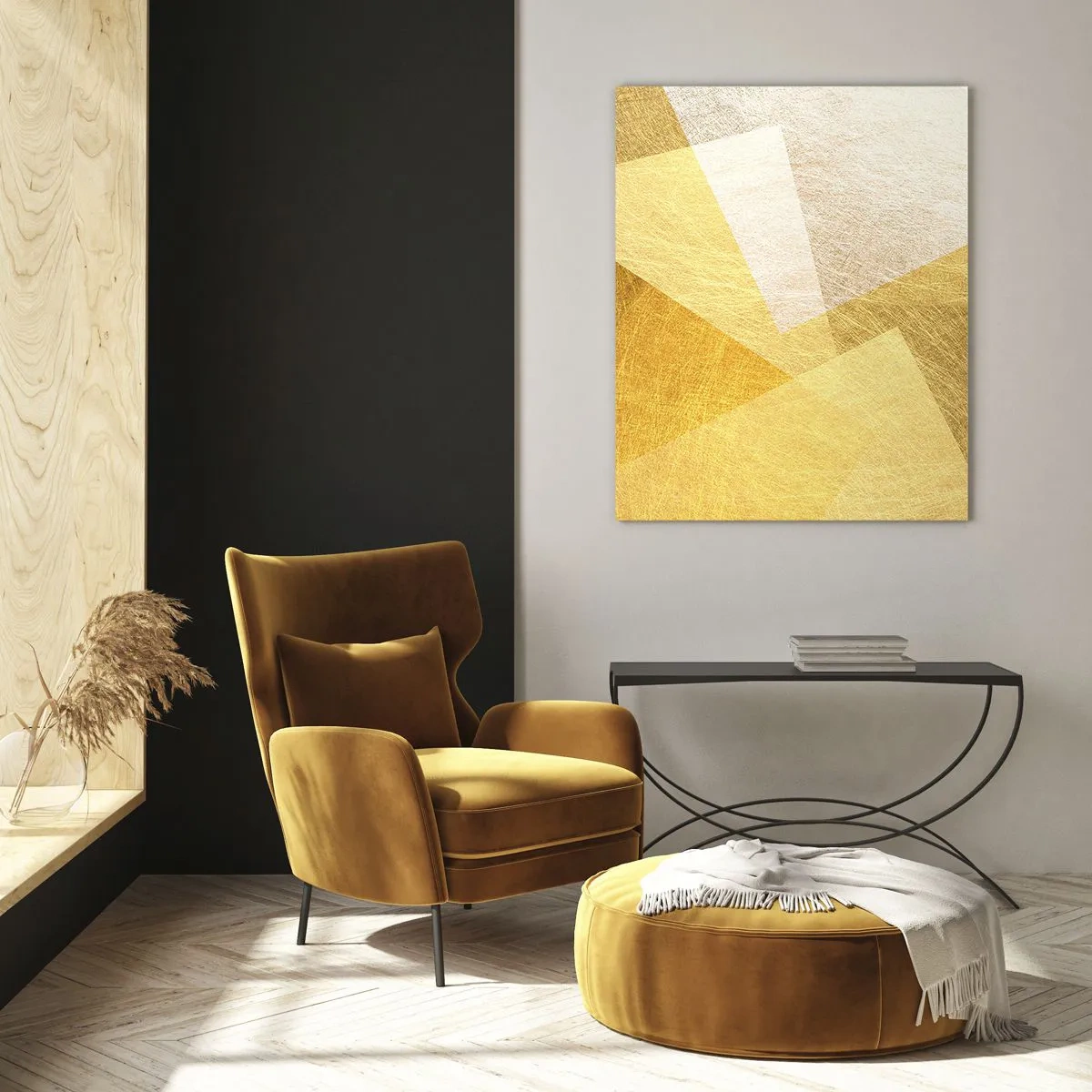 Obraz na szkle - Złote geometryczne kształty o teksturze metalu i światła - 50x70cm - Pogoda geometrii - Nowoczesna dekoracja ścienna do salonu, kuchni i sypialni ARTTOR
