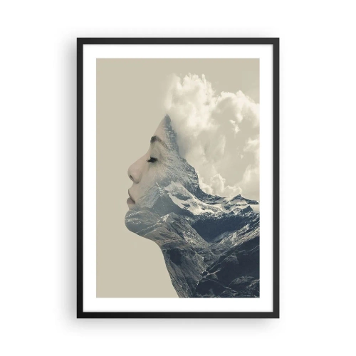 Plakat w czarnej ramie - Profil kobiety łączący się z górskim pejzażem - 50x70cm - Uroda żywiołów - Nowoczesna dekoracja ścienna do salonu i sypialni ARTTOR