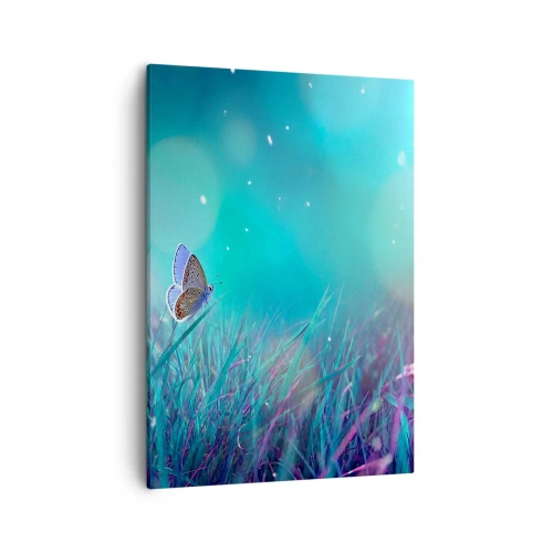 Obraz na płótnie - Motyl na źdźble trawy w magicznym, turkusowym świetle - 50x70cm - Sekretne życie łąki - Nowoczesna dekoracja ścienna do salonu, kuchni i sypialni ARTTOR