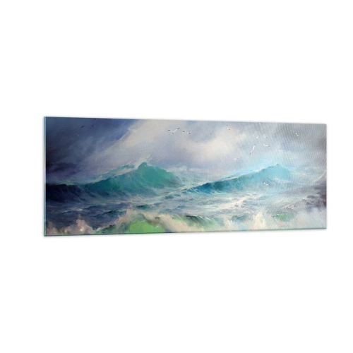 Obraz na szkle - Wzburzone fale na oceanie - 140x50cm - "Wicher z tryumfem zawył…' - Nowoczesna dekoracja ścienna do salonu i sypialni ARTTOR