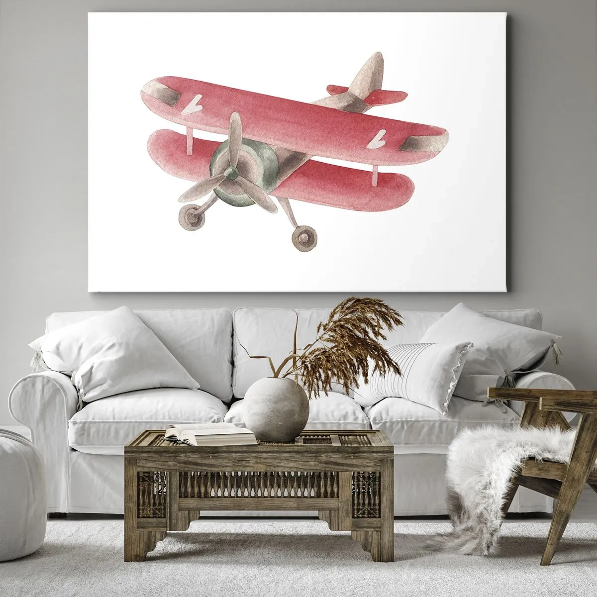 Obraz na płótnie - Czerwony samolot w stylu retro na białym tle - 70x50cm - Gotowy do wysokich lotów - Nowoczesna dekoracja ścienna do salonu i sypialni ARTTOR