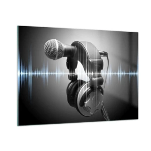 Obraz na szkle - Mikrofon z słuchawkami na tle fal dźwiękowych - 100x70cm - Jeszcze słychać śpiew - Nowoczesna dekoracja ścienna do salonu, kuchni i sypialni ARTTOR