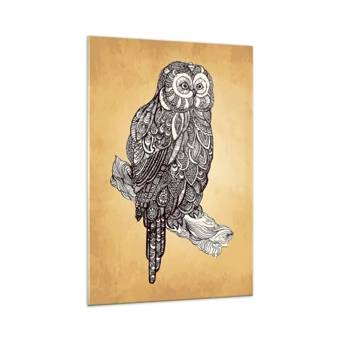 Obraz na szkle - Sowa w ornamentalnym stylu na tle w odcieniach beżu - 70x100cm - Misterne ornamenty mądrości - Nowoczesna dekoracja ścienna do salonu i sypialni ARTTOR