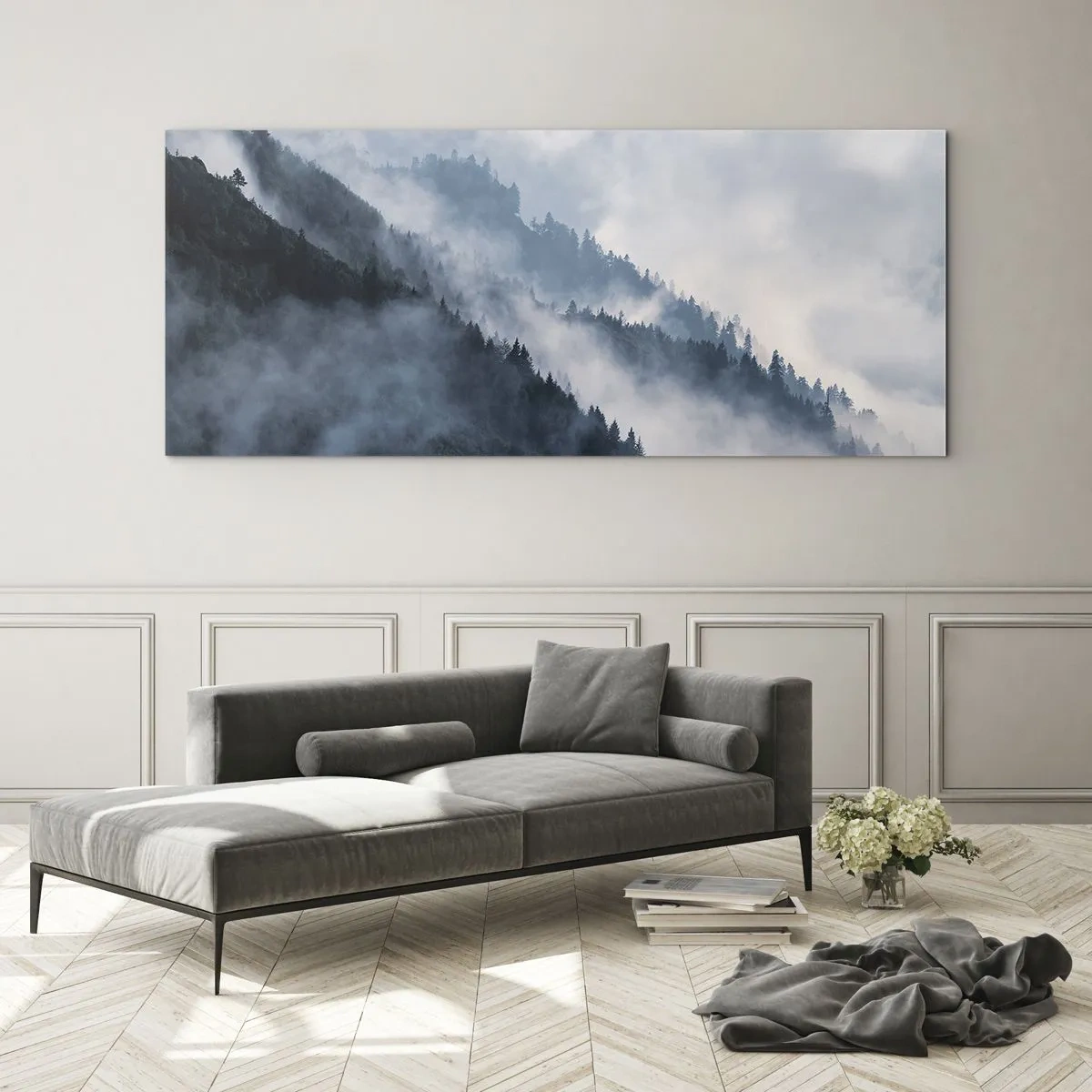 Obraz na szkle - Mgła unosząca się nad zalesionymi zboczami gór w tajemniczym krajobrazie - 120x50cm - Mistyka gór - Nowoczesna dekoracja ścienna do salonu i sypialni ARTTOR