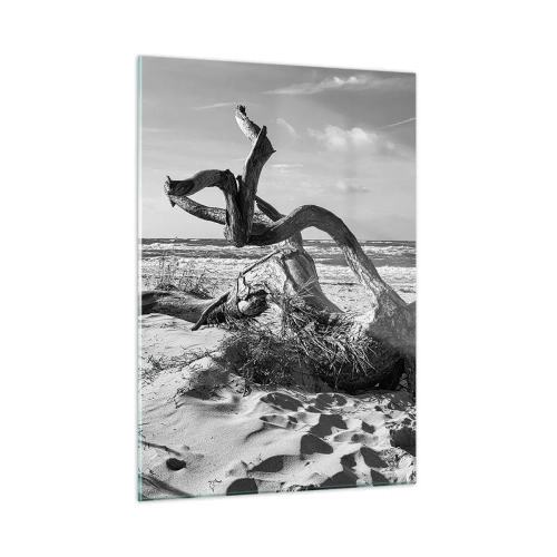 Obraz na szkle - Czarno-biały pejzaż z wyrzuconym konarem na nadmorskiej plaży - 50x70cm - Morska rzeźba - Nowoczesna dekoracja ścienna do salonu, kuchni i sypialni ARTTOR