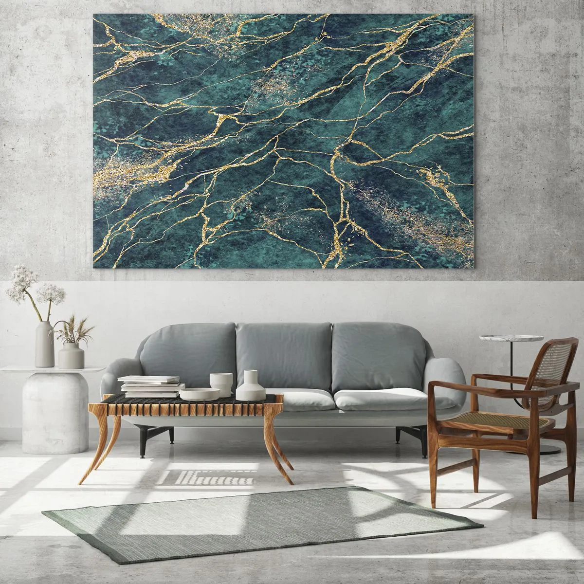 Obraz na szkle - Marbled stone with golden veins, teal and green shades - 100x70cm - Żyła złota - Nowoczesna dekoracja ścienna do salonu, kuchni i sypialni ARTTOR