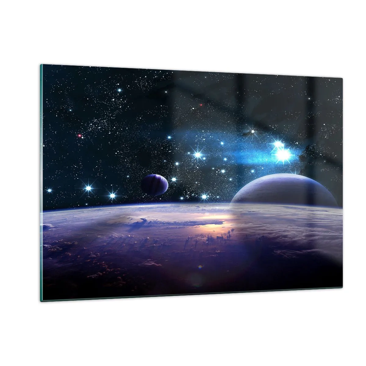 Obraz na szkle - Kosmiczny pejzaż z planetami i gwiazdami na tle galaktyki - 120x80cm - Wciąż sami? - Nowoczesna dekoracja ścienna do salonu, kuchni i sypialni ARTTOR