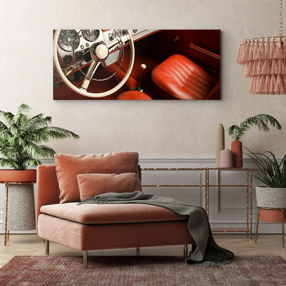 Obraz na płótnie - Wnętrze klasycznego samochodu z czerwonymi skórzanymi siedzeniami - 160x50cm - Luksus w stylu vintage - Nowoczesna dekoracja ścienna do salonu i sypialni ARTTOR