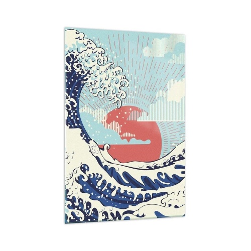 Obraz na szkle - Fale oceanu i zachodzące słońce w stylu japońskim - 70x100cm - Z japońskich inspiracji - Nowoczesna dekoracja ścienna do salonu i sypialni ARTTOR