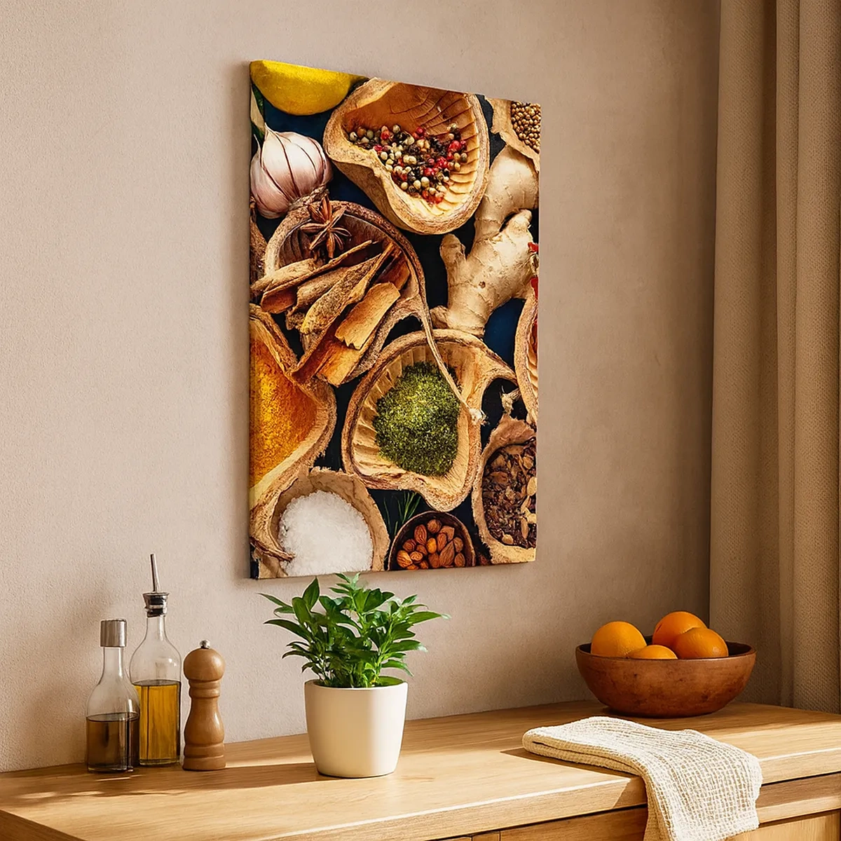 Obraz na płótnie - Mieszanka przypraw i ziół w drewnianych miseczkach - 50x70cm - Bierz, co chcesz - Nowoczesna dekoracja ścienna do salonu, kuchni i sypialni ARTTOR