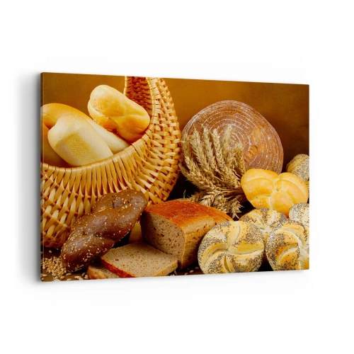 Obraz na płótnie - Różnorodne pieczywo w wiklinowym koszu na tle złotym - 100x70cm - Znowu się nam upiekło - Nowoczesna dekoracja ścienna do salonu, kuchni i sypialni ARTTOR