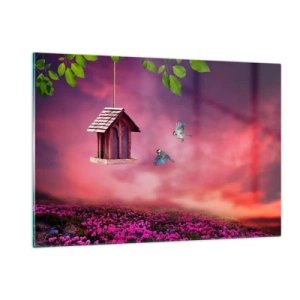Obraz na szkle - Karmnik dla ptaków na tle różowego nieba - 120x80cm - Zaproszenie na kolację - Nowoczesna dekoracja ścienna do salonu, kuchni i sypialni ARTTOR