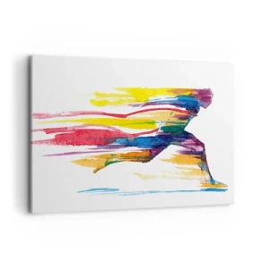 Obraz na płótnie - Biegacz w abstrakcyjnych kolorach symbolizujący dynamikę i energię - 100x70cm - Bieg przez tęczę - Nowoczesna dekoracja ścienna do salonu, kuchni i sypialni ARTTOR