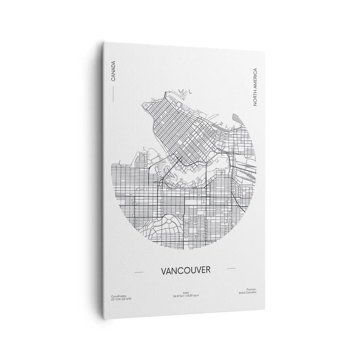 Obraz na płótnie - Mapa Vancouver w minimalistycznym, czarno-białym stylu - 80x120cm - Anatomia Vancouver - Nowoczesna dekoracja ścienna do salonu i sypialni ARTTOR