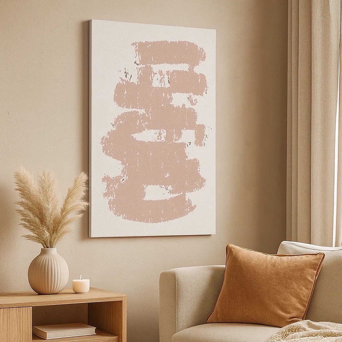 Obraz na płótnie - Minimalistyczna kompozycja z beżowymi pociągnięciami pędzla na jasnym tle - 50x70cm - Abstrakcja w łagodnym różu - Nowoczesna dekoracja ścienna do salonu, kuchni i sypialni ARTTOR