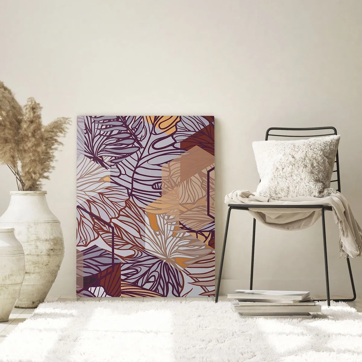 Obraz na szkle - Graficzne liście na tle geometrycznych kształtów - 50x70cm - Związek niemozliwy geometrii i natury - Nowoczesna dekoracja ścienna do salonu, kuchni i sypialni ARTTOR