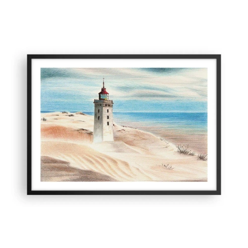Plakat w czarnej ramie - Latarnia morska w otoczeniu piaszczystych wydm i błękitnego nieba - 70x50cm - Zawsze wpatrzona w morze - Nowoczesna dekoracja ścienna do salonu i sypialni ARTTOR