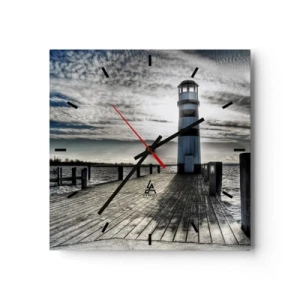 Zegar ścienny - Latarnia morska na drewnianym pomoście z widokiem na morze. - 30x30cm - Żeglarze, czekam na was - Nowoczesna dekoracja ścienna do salonu i sypialni ARTTOR