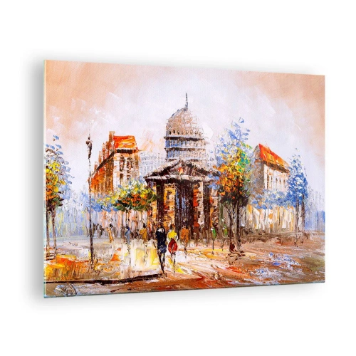 Obraz na szkle - Malownicza ulica miasta z zabytkowym budynkiem w tle - 70x50cm - Paryski spacer - Nowoczesna dekoracja ścienna do salonu i sypialni ARTTOR