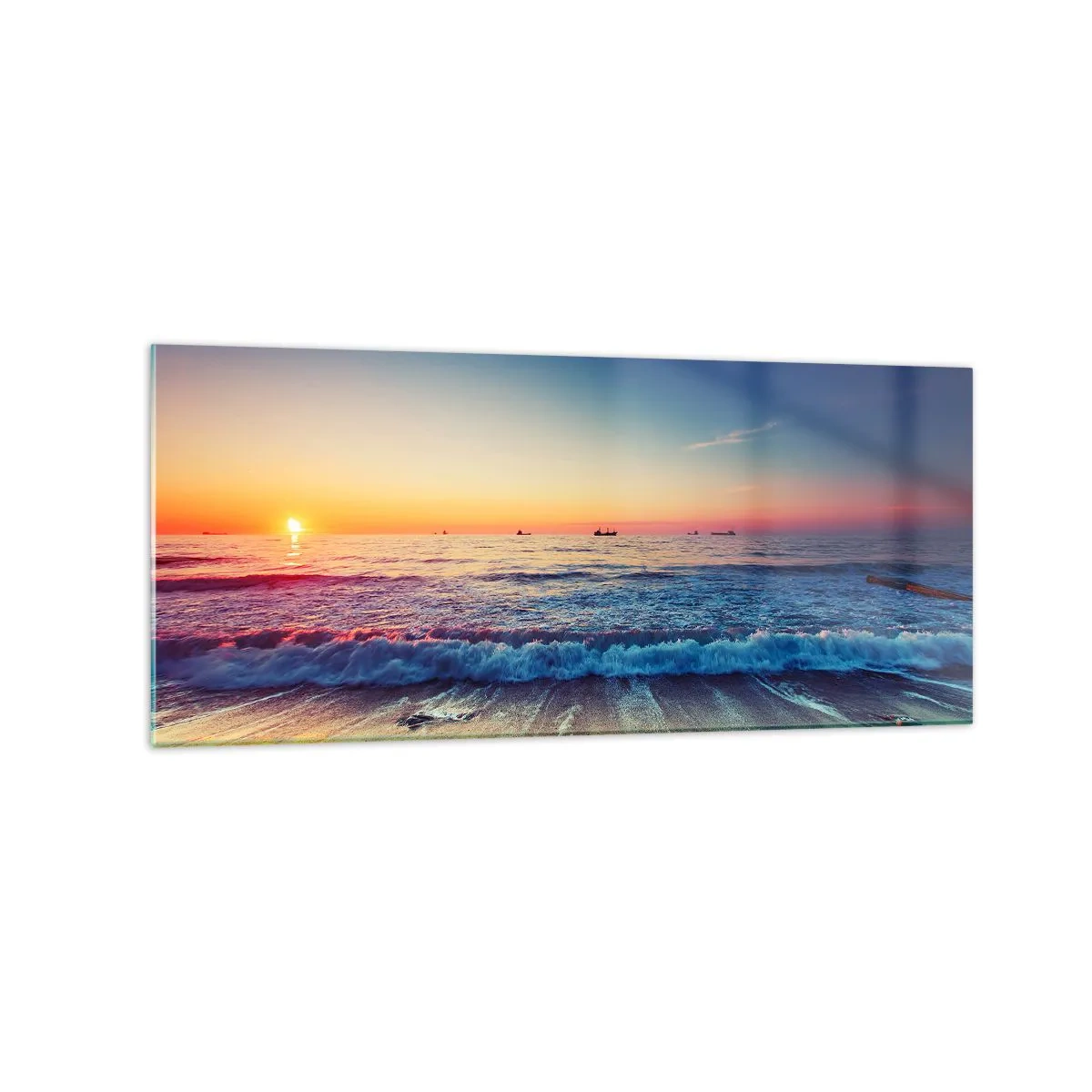Obraz na szkle - Zachód słońca nad spokojnym morzem z falami - 120x50cm - A co za horyzontem? - Nowoczesna dekoracja ścienna do salonu i sypialni ARTTOR
