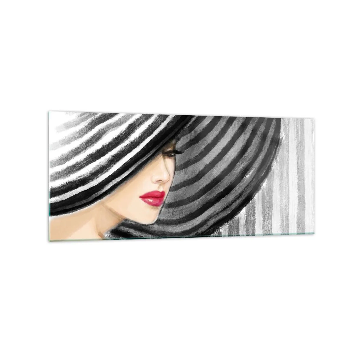 Obraz na szkle - Kobieta w kapeluszu w czarno-białym stylu z czerwonym akcentem - 120x50cm - Gdzie ciebie szukać? - Nowoczesna dekoracja ścienna do salonu i sypialni ARTTOR