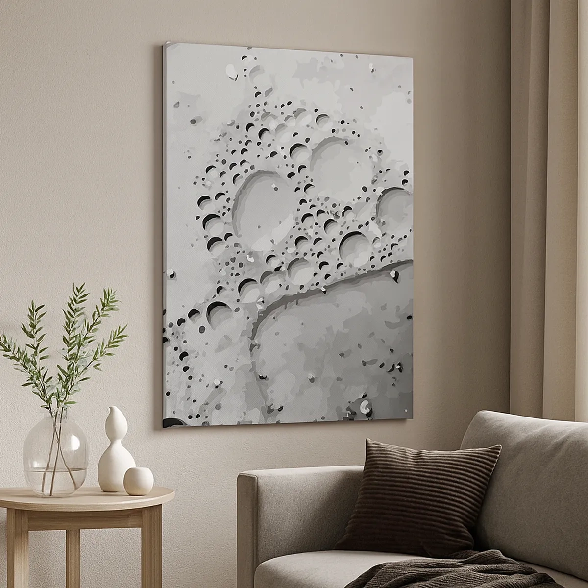 Obraz na płótnie - Abstrakcyjna grafika inspirowana strukturą powierzchni w odcieniach szarości - 50x70cm - Slad po spienionym - Nowoczesna dekoracja ścienna do salonu, kuchni i sypialni ARTTOR