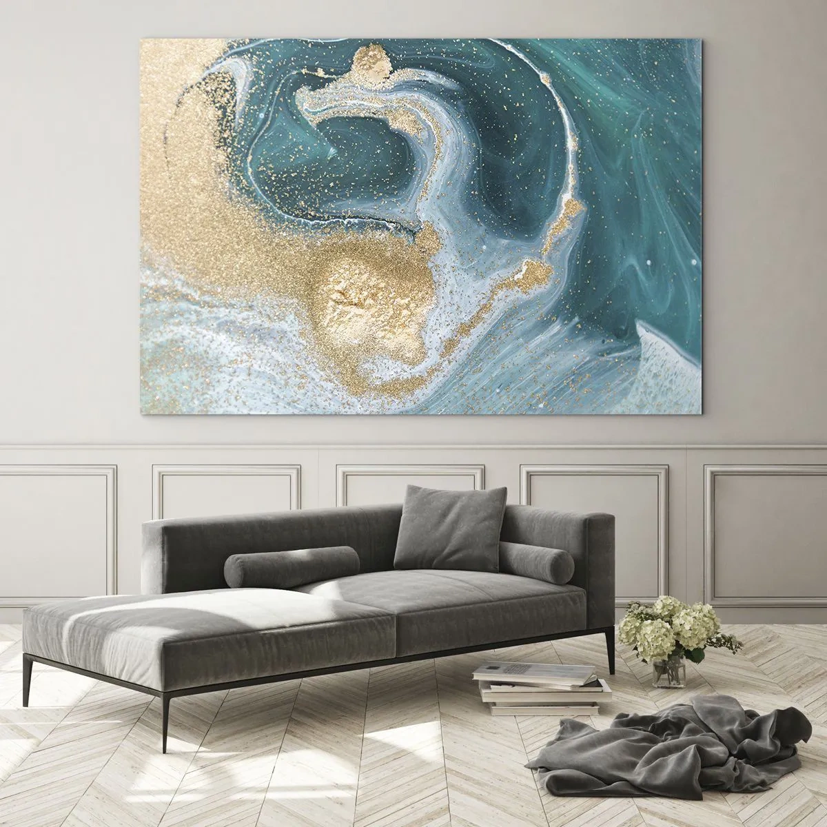 Obraz na szkle - Złoto na turkusowych falach w stylu abstrakcyjnym - 70x50cm - Wir złota i turkusu - Nowoczesna dekoracja ścienna do salonu i sypialni ARTTOR