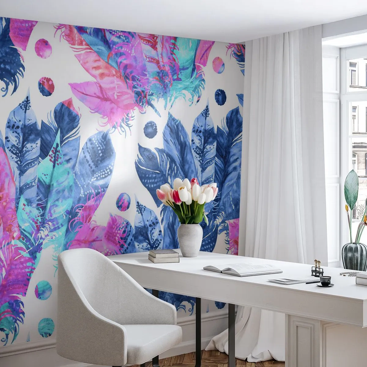 Fototapeta Premium Canvas - Pióropusze w różu i błękicie - Ptasie Pióro, Kolorowa Ilustracja, Grafika - 350x256 cm