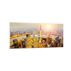 Obraz na szkle - Panorama miasta z drapaczami chmur o zachodzie słońca - 120x50cm - Azjatycki sen - Nowoczesna dekoracja ścienna do salonu i sypialni ARTTOR