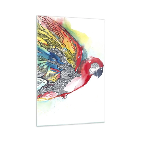 Obraz na szkle - Kolorowa papuga w locie z abstrakcyjnymi wzorami na skrzydłach - 70x100cm - Żyj kolorowo - Nowoczesna dekoracja ścienna do salonu i sypialni ARTTOR