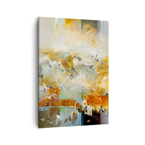 Obraz na płótnie - Abstrakcyjna kompozycja z galopującymi końmi w złotych odcieniach - 50x70cm - Galopem przez światło - Nowoczesna dekoracja ścienna do salonu, kuchni i sypialni ARTTOR