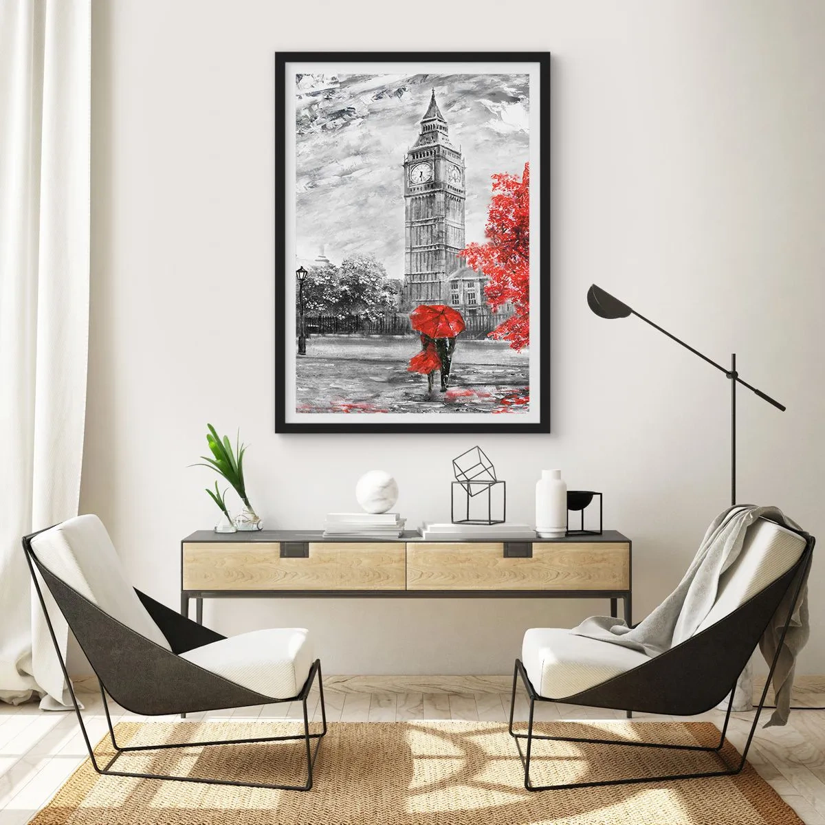 Plakat w czarnej ramie - Wieża zegarowa z czerwonym parasolem - 50x70cm - Ekscytujący dzień - Nowoczesna dekoracja ścienna do salonu i sypialni ARTTOR