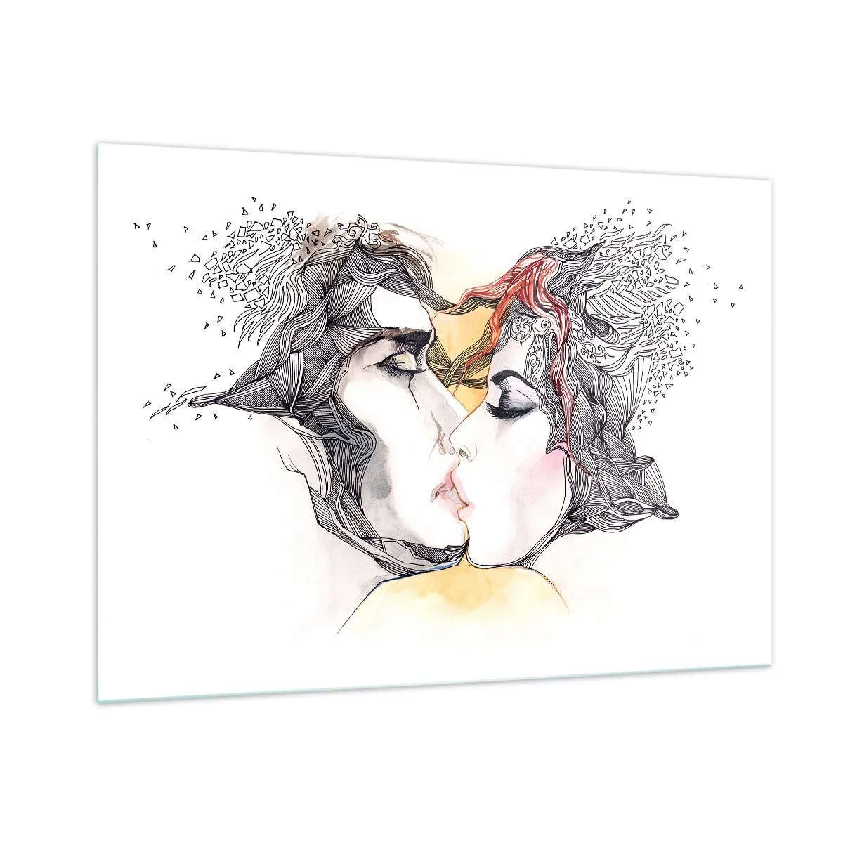 Obraz na szkle - Abstrakcyjny pocałunek pary z artystycznymi wzorami - 100x70cm - Świat nie istnieje - Nowoczesna dekoracja ścienna do salonu, kuchni i sypialni ARTTOR