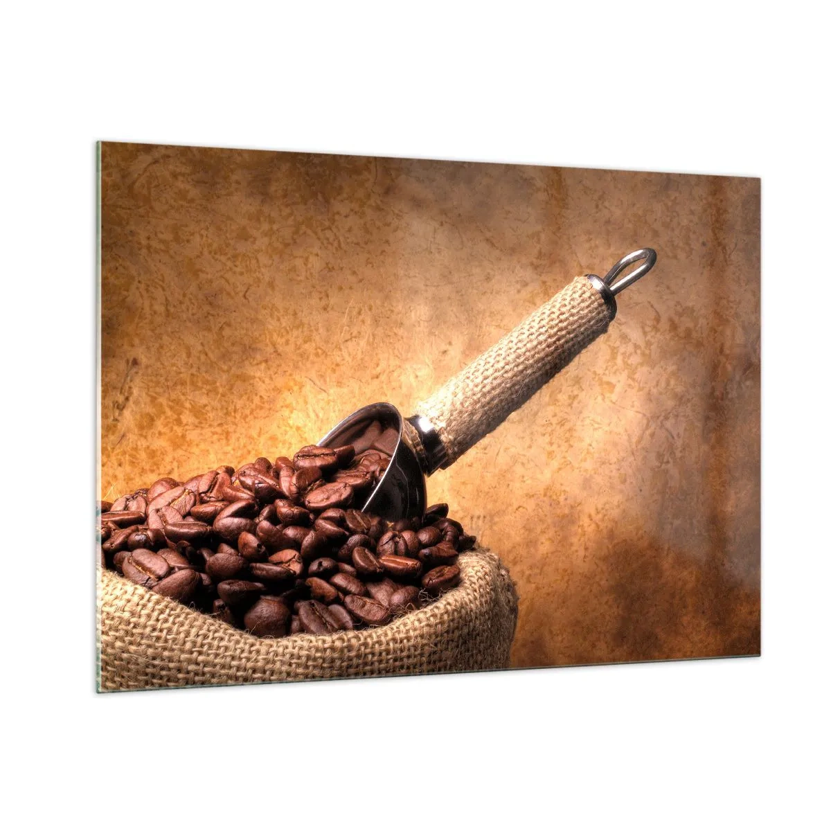 Obraz na szkle - Ziarna kawy w worku jutowym z metalową łopatką - 100x70cm - U źródeł smaku - Nowoczesna dekoracja ścienna do salonu, kuchni i sypialni ARTTOR