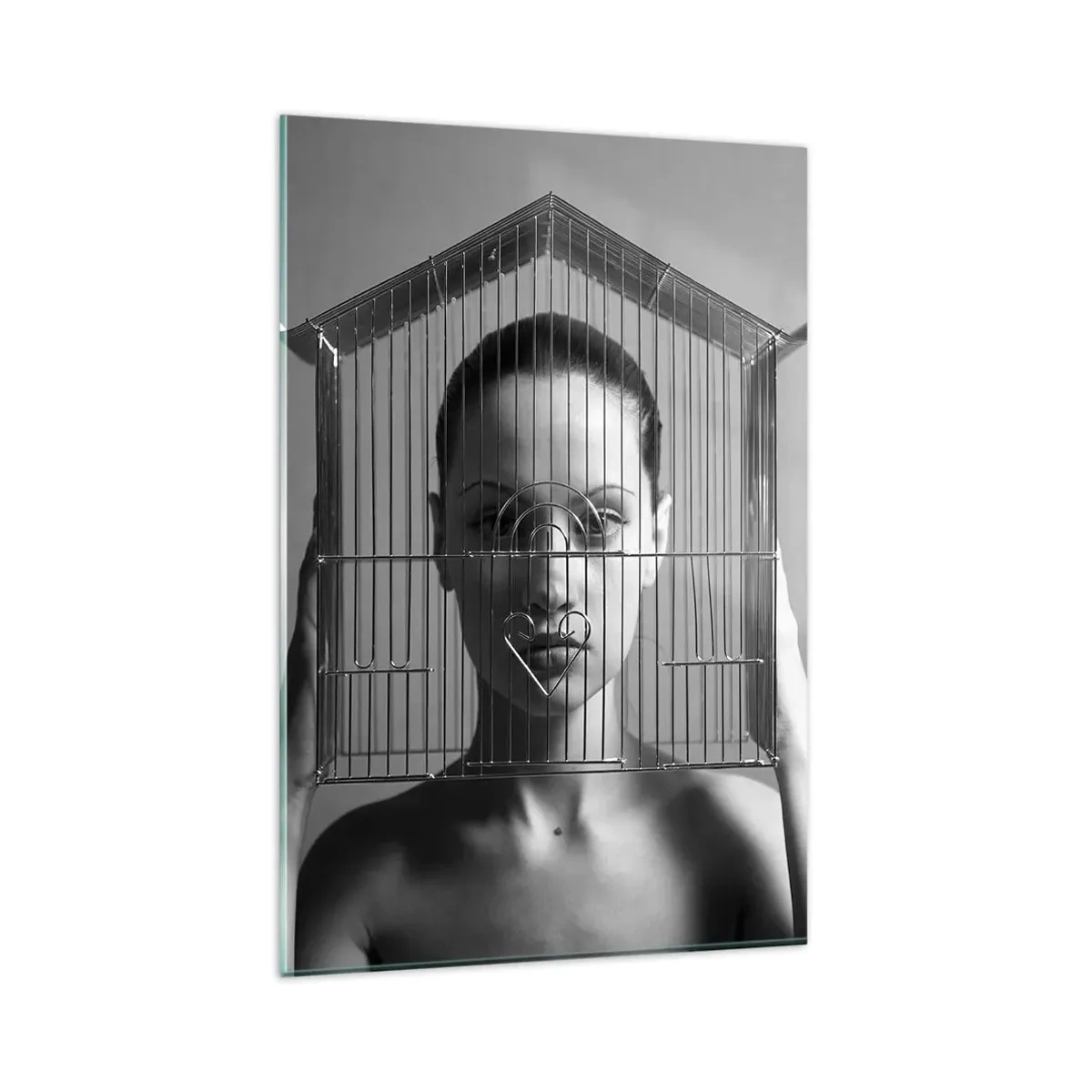 Obraz na szkle - Kobieta za klatką w surrealistycznym stylu - 80x120cm - Portret nieco surrealistyczny - Nowoczesna dekoracja ścienna do salonu i sypialni ARTTOR