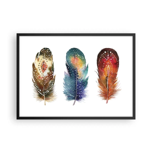 Plakat w czarnej ramie - Trzy kolorowe pióra z artystycznymi wzorami na jasnym tle - 70x50cm - Rytuały, obrzędy, tajemnice - Nowoczesna dekoracja ścienna do salonu i sypialni ARTTOR