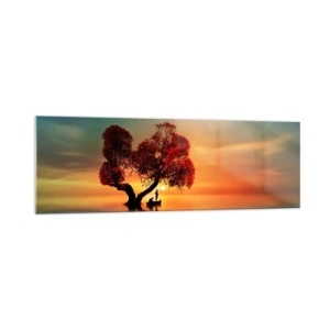 Obraz na szkle - Drzewo o czerwonych liściach i łódź na wodzie o zachodzie słońca - 160x50cm - Oddaleńcy i ciszyzna bezświata - Nowoczesna dekoracja ścienna do salonu i sypialni ARTTOR