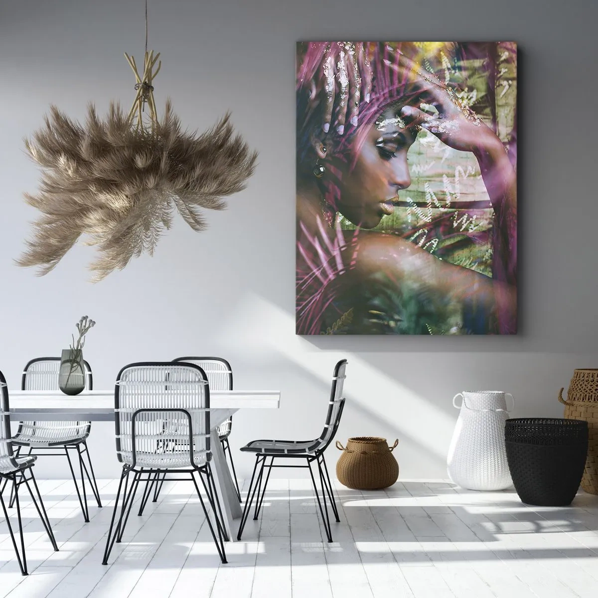 Obraz na płótnie - Portret kobiety w otoczeniu egzotycznej roślinności - 70x100cm - Matka Natura w dżungli - Nowoczesna dekoracja ścienna do salonu i sypialni ARTTOR