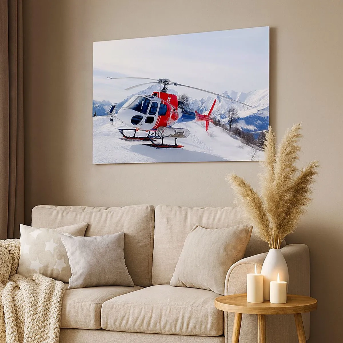 Obraz na płótnie - Czerwony helikopter na śnieżnym tle z górskim krajobrazem - 70x50cm - Zawsze gotowy - Nowoczesna dekoracja ścienna do salonu i sypialni ARTTOR