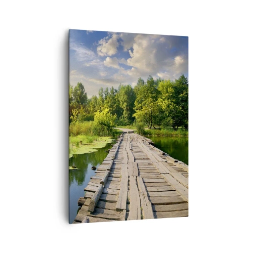 Obraz na płótnie - Malowniczy krajobraz z mostkiem i łabędziem - 70x100cm - Lato, lato wszędzie - Nowoczesna dekoracja ścienna do salonu i sypialni ARTTOR