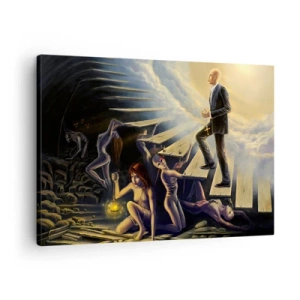 Obraz na płótnie - Symboliczna scena drogi do światła przez zniszczone schody - 70x50cm - Dantejska wędrówka ku światłu - Nowoczesna dekoracja ścienna do salonu i sypialni ARTTOR