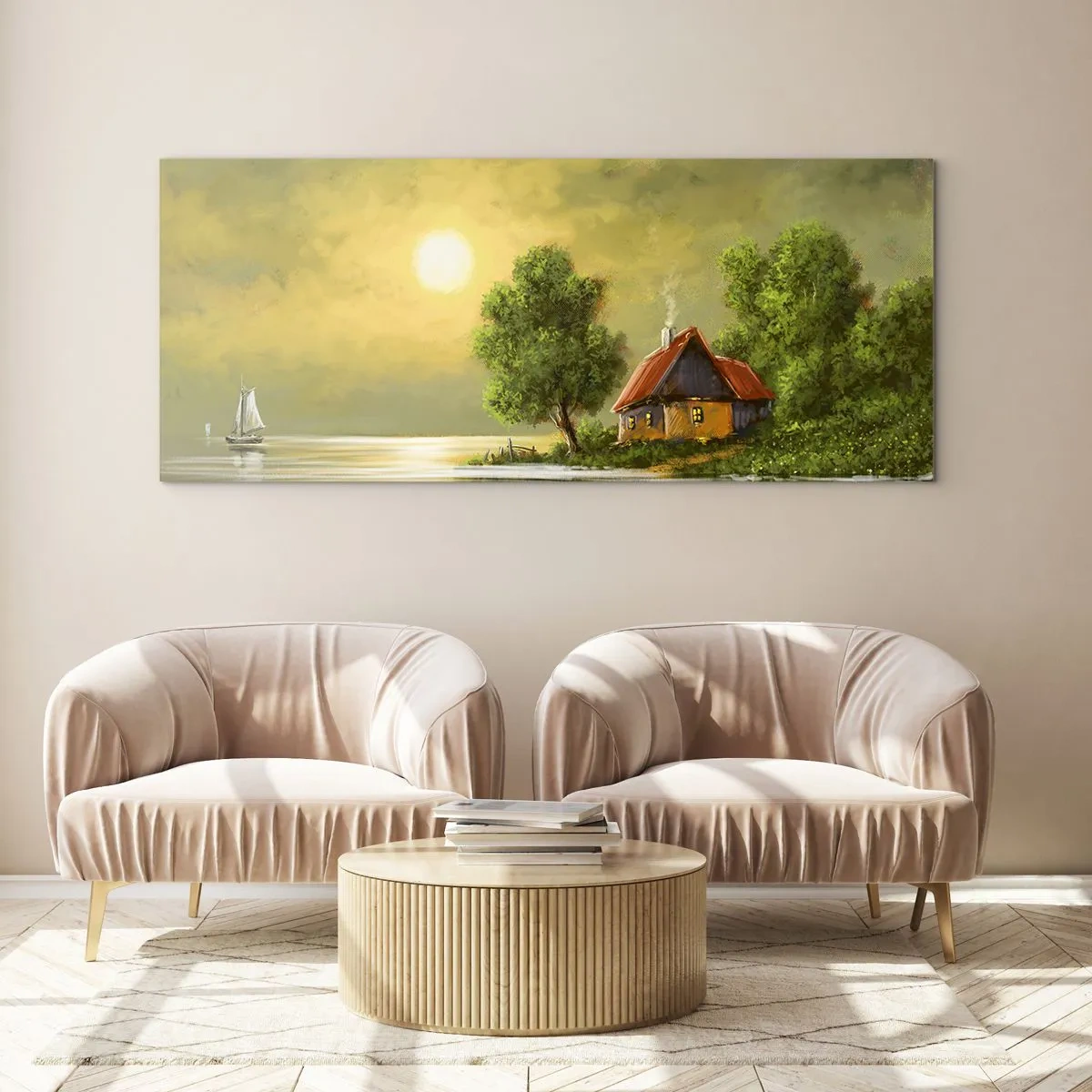 Obraz na szkle - Dom nad jeziorem w świetle zachodzącego słońca - 120x50cm - Pięknie, jak z obrazka - Nowoczesna dekoracja ścienna do salonu i sypialni ARTTOR