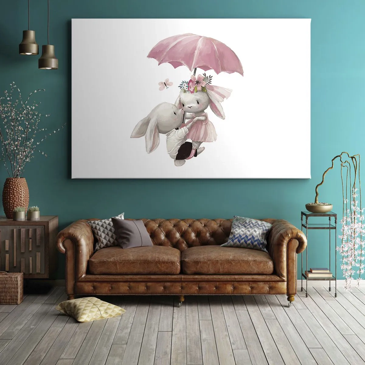 Obraz na płótnie - Urocze króliczki pod różowym parasolem - 70x50cm - To właśnie miłość - Nowoczesna dekoracja ścienna do salonu i sypialni ARTTOR