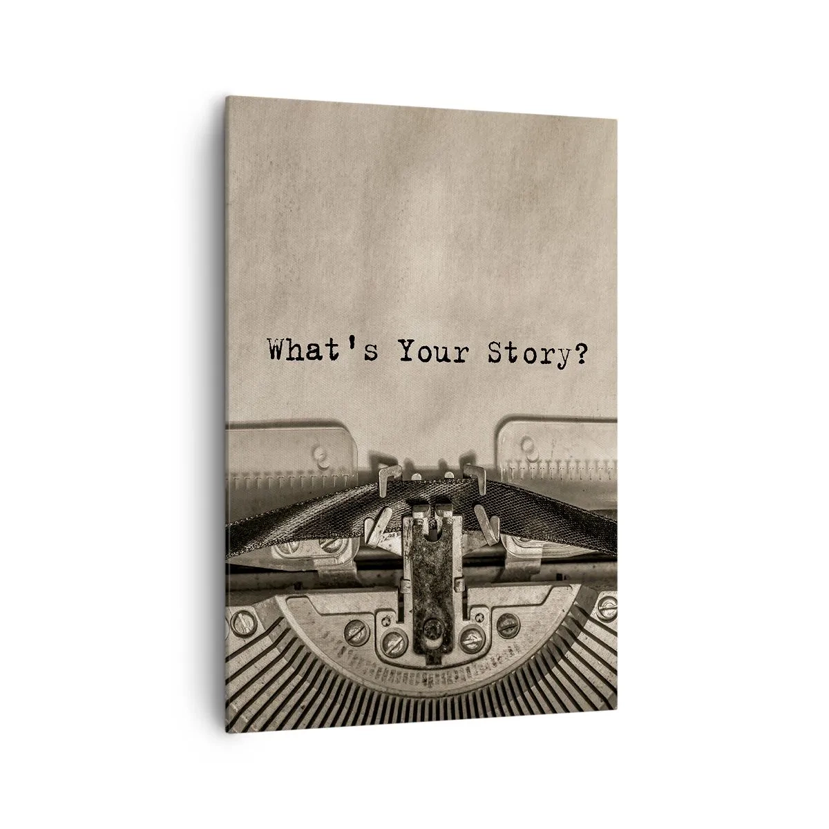 Obraz na płótnie - Maszyna do pisania z napisem What’s Your Story? - 70x100cm - Opowiedz mi - Nowoczesna dekoracja ścienna do salonu i sypialni ARTTOR