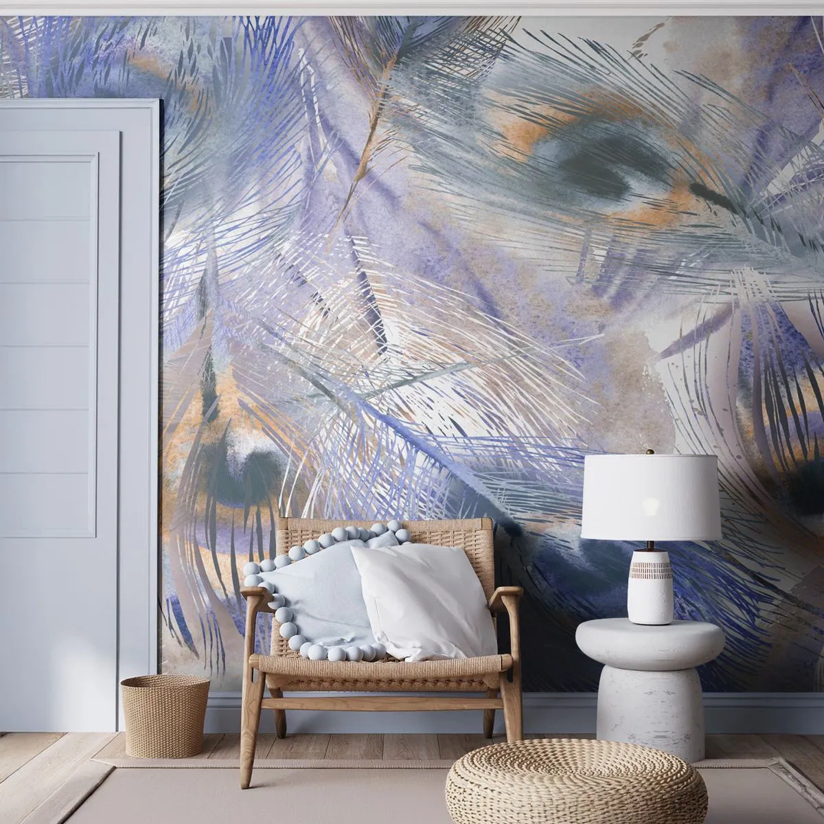 Fototapeta Premium Canvas - Wzór z piórami pawia w odcieniach błękitu i złota - 100x70cm - Pawiooka kompozycja - Nowoczesna dekoracja ścienna do salonu i sypialni ARTTOR