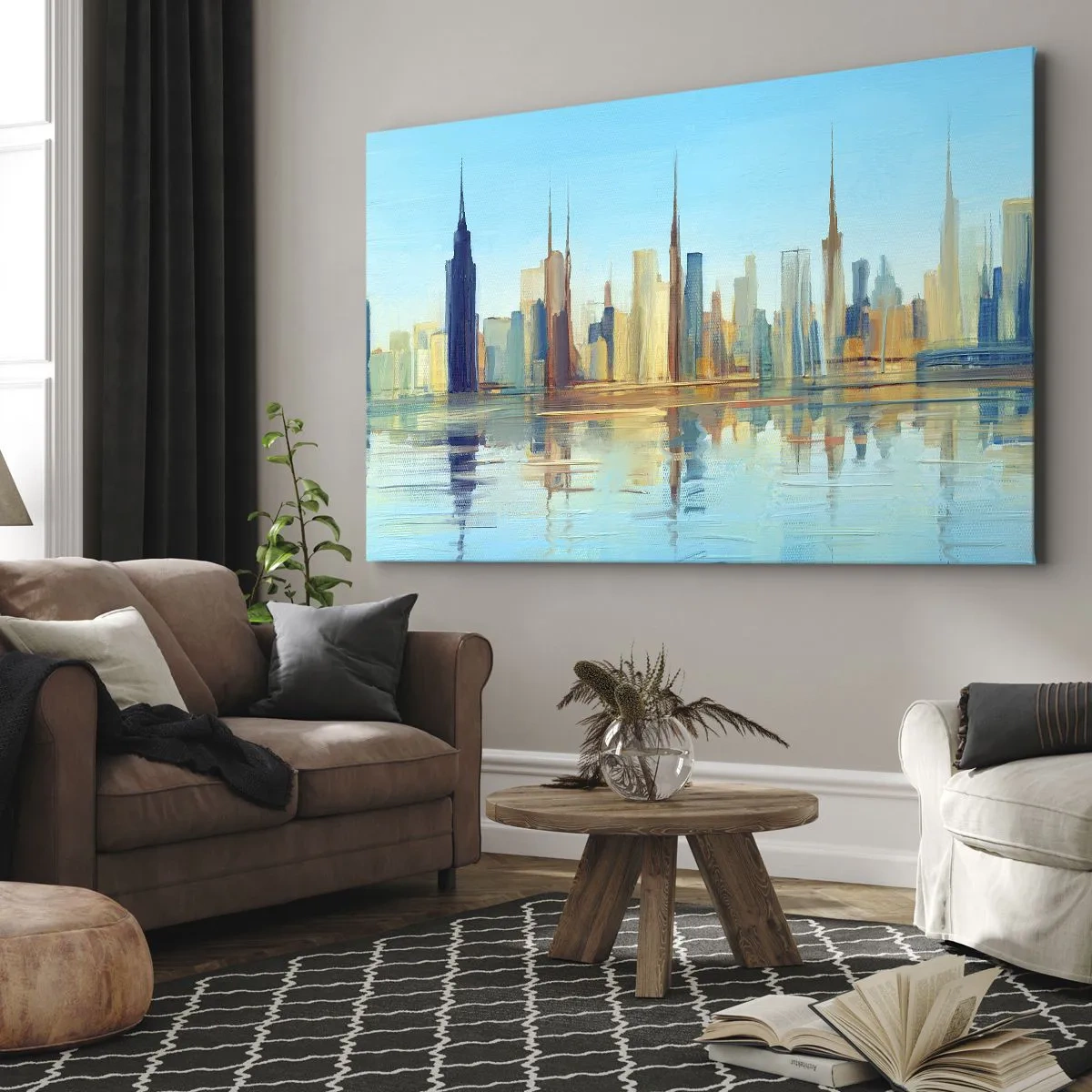 Obraz na płótnie - Panorama miasta w ciepłych barwach z odbiciem w wodzie - 70x50cm - Słoneczna metropolia - Nowoczesna dekoracja ścienna do salonu i sypialni ARTTOR