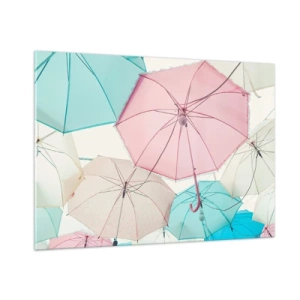 Obraz na szkle - Kolorowe parasole unoszące się w powietrzu - 100x70cm - Czasem słońce, czasem deszcz - Nowoczesna dekoracja ścienna do salonu, kuchni i sypialni ARTTOR