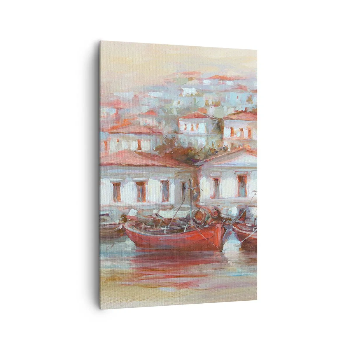 Obraz na płótnie - Kolorowe łodzie i malownicze budynki nad wodą w pastelowych barwach - 80x120cm - Szczęśliwe miasteczko - Nowoczesna dekoracja ścienna do salonu i sypialni ARTTOR