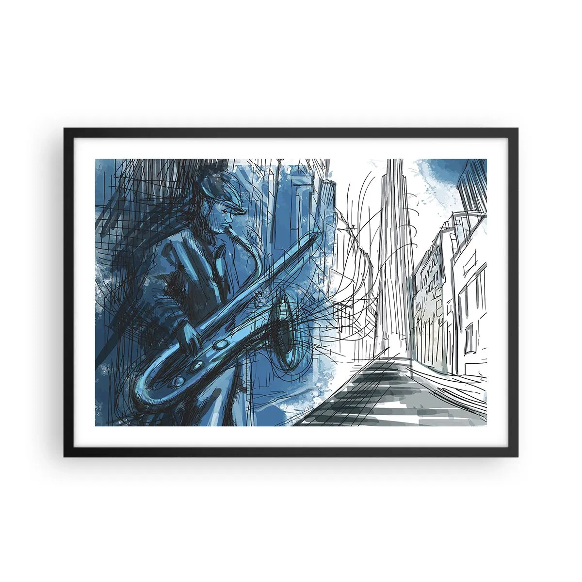 Plakat w czarnej ramie - Postać grająca na saksofonie na tle miasta - 70x50cm - Miejska rapsodia - Nowoczesna dekoracja ścienna do salonu i sypialni ARTTOR